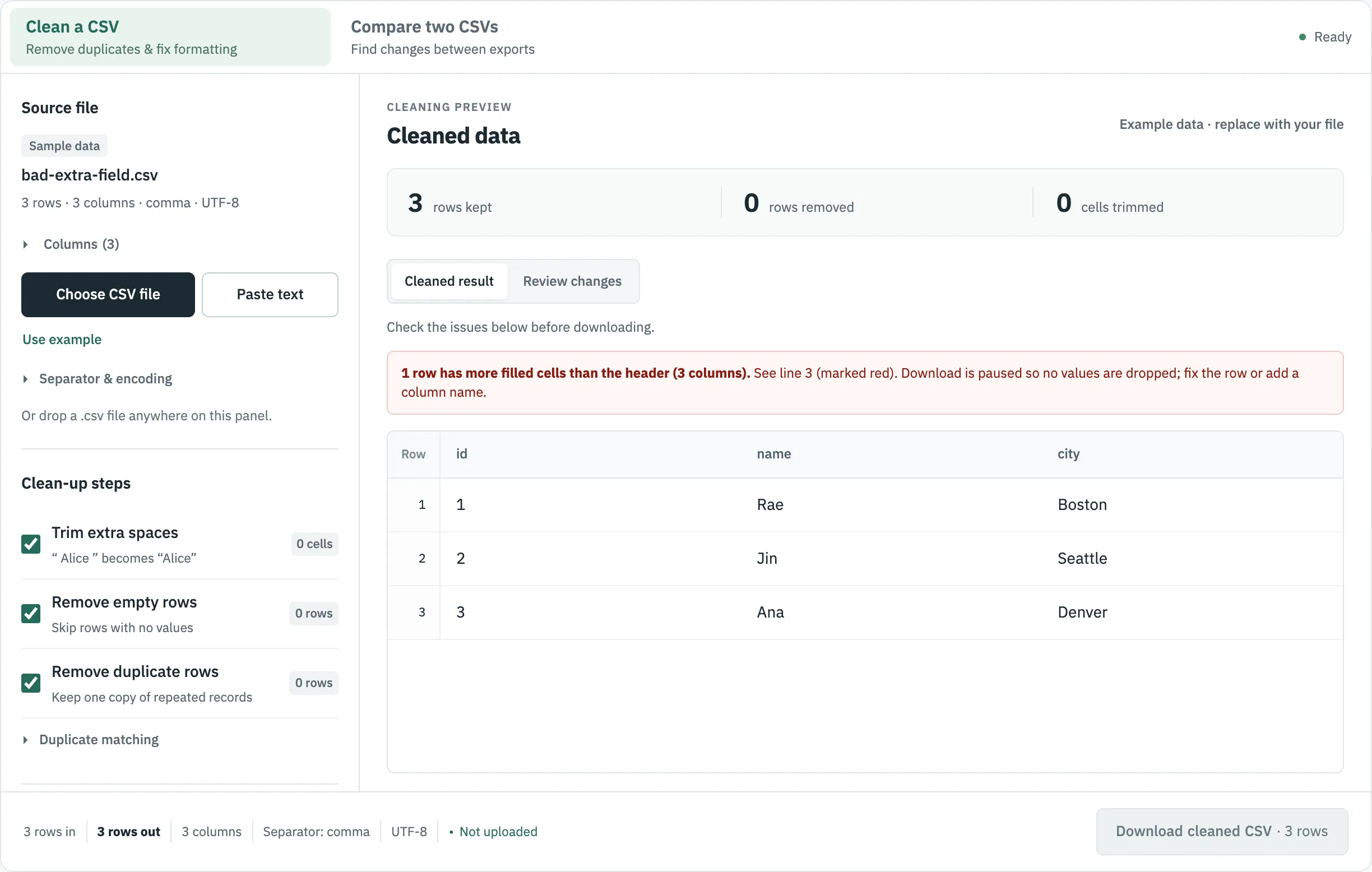 CSVLane with bad-extra-field.csv: an error notice names line 3 and the download button is disabled