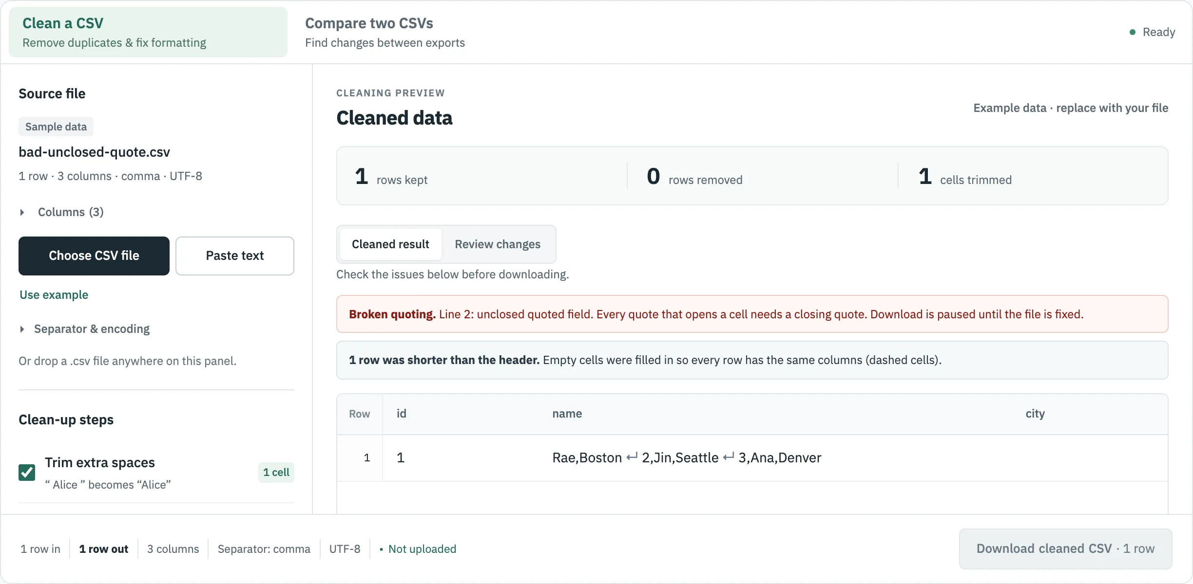 CSVLane with bad-unclosed-quote.csv: a broken quoting error for line 2