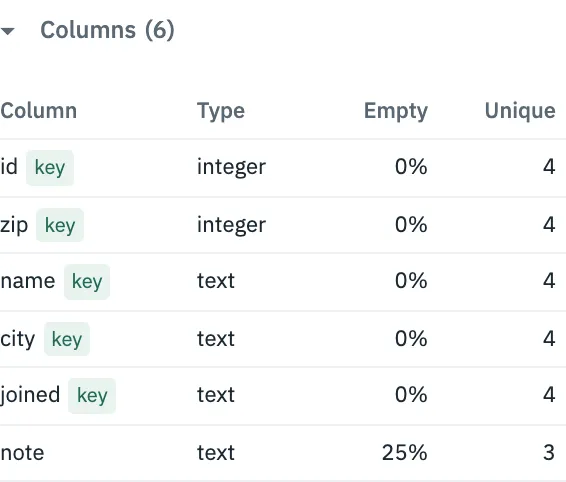 The Columns list in CSVLane for open-test.csv: each column with its type, empty count and unique count