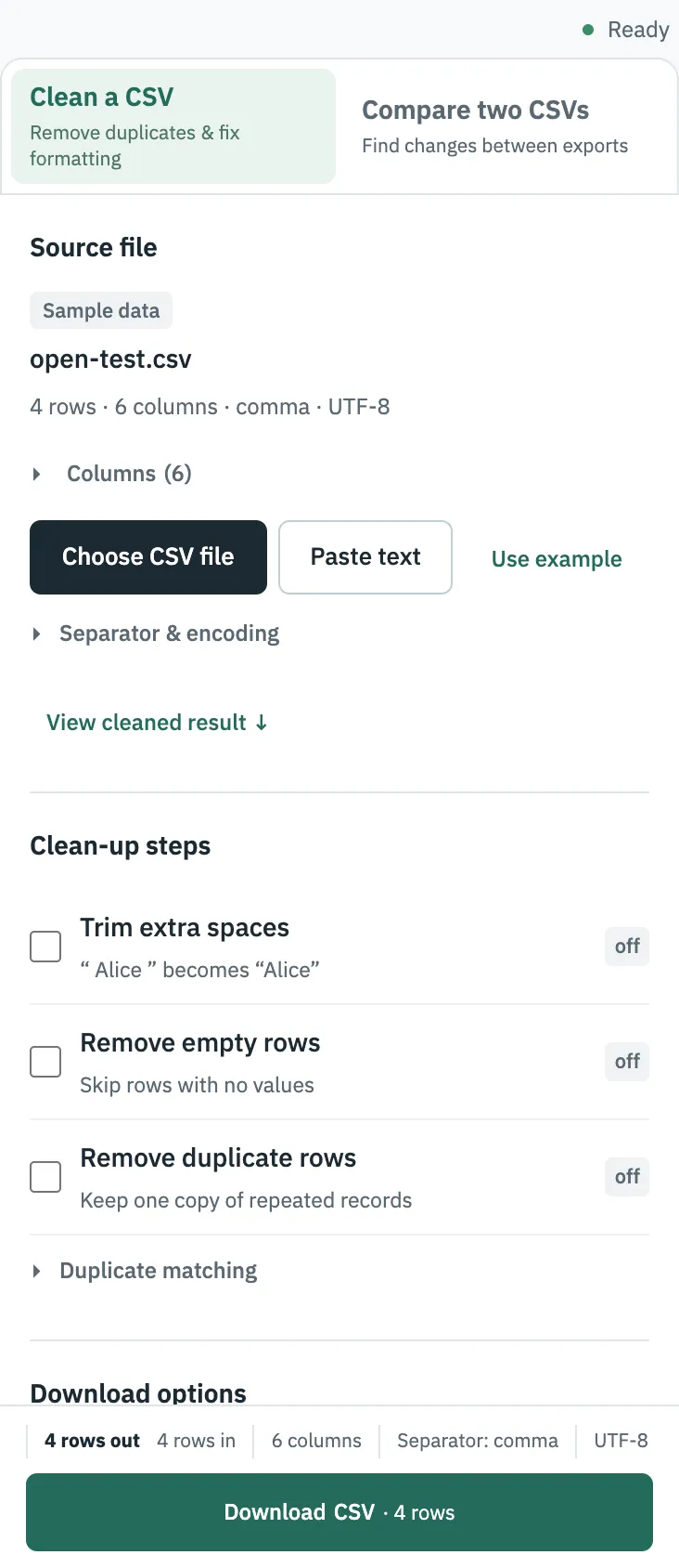 CSVLane on a phone-width screen with open-test.csv loaded in the Clean workspace