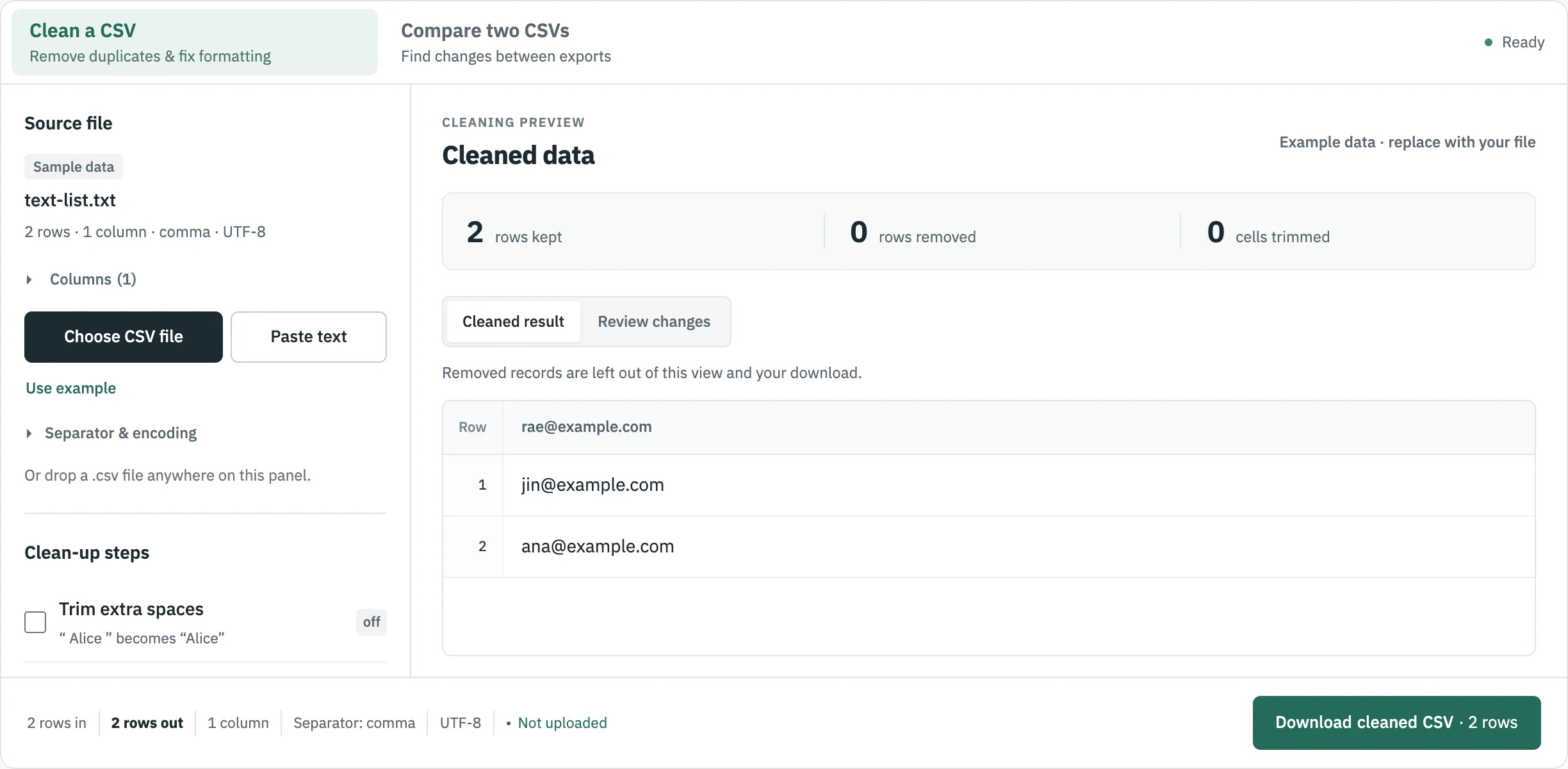 CSVLane with text-list.txt: the first email address appears as the column name and two rows remain