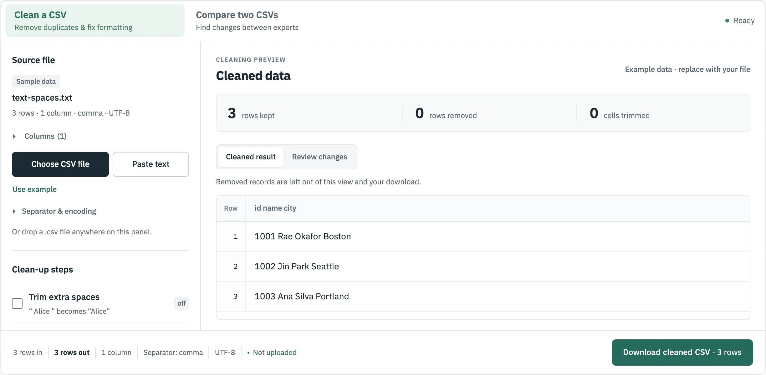 CSVLane showing text-spaces.txt as one column, with each whole line in a single cell