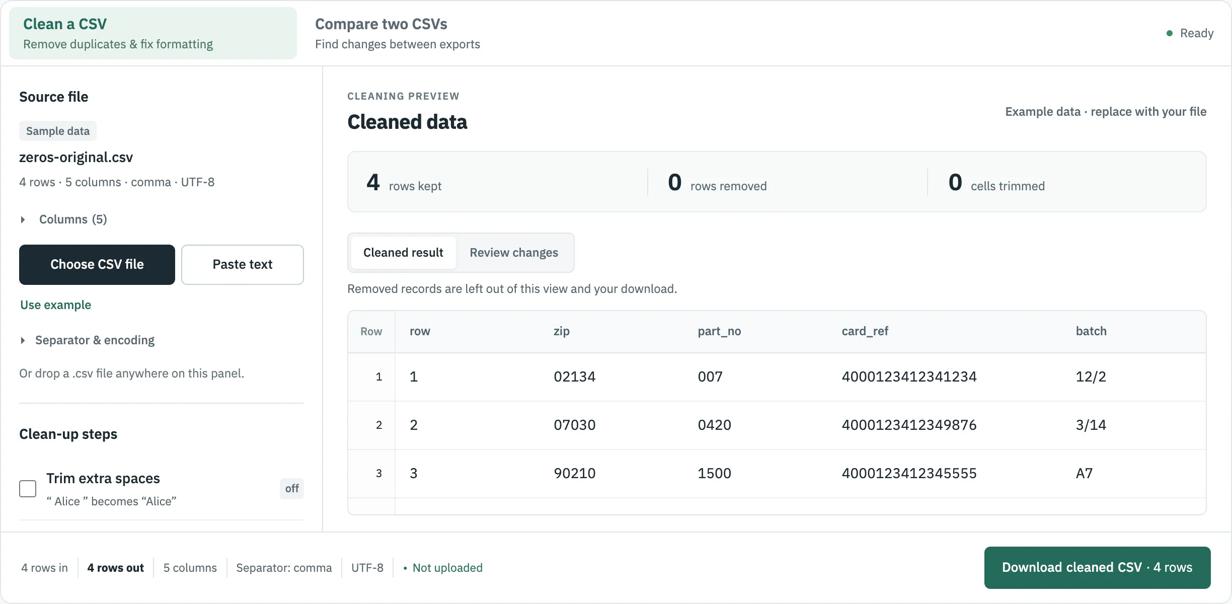 CSVLane Clean showing zeros-original.csv with 02134, 007 and 4000123412341234 unchanged in the table