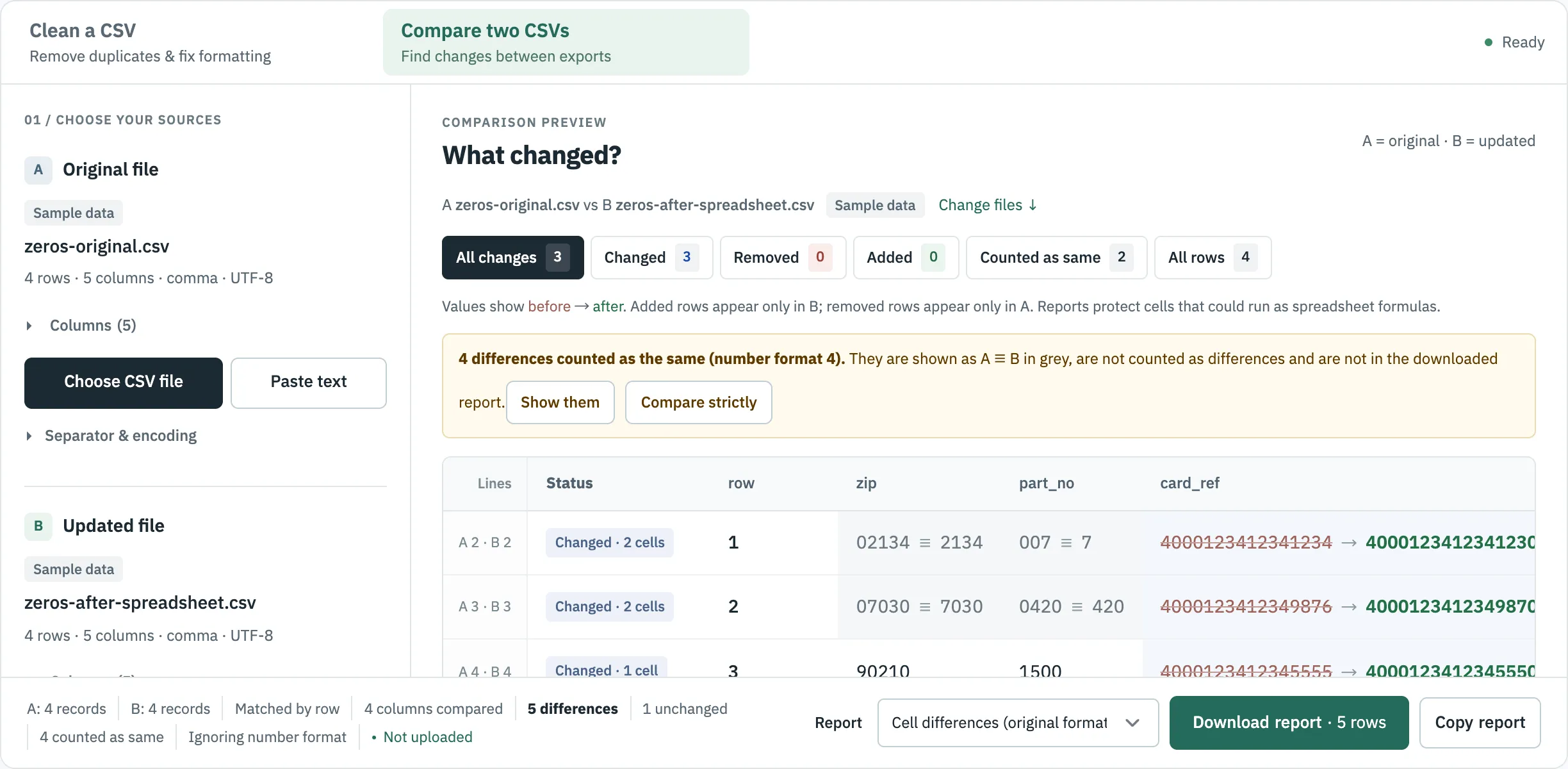 CSVLane Compare with the Number format rule on: five differences remain, with a notice that four were counted as the same